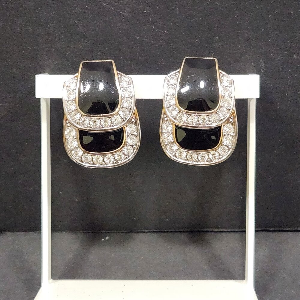 Vintage Carolee Goldtone Black Enamel/Rhinestone Clip On Earrings